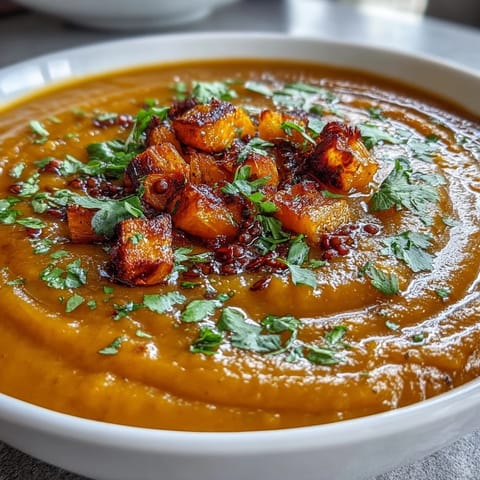 Hearty roasted butternut squash and lentil soup in a rustic bowl, steam rising invitingly.