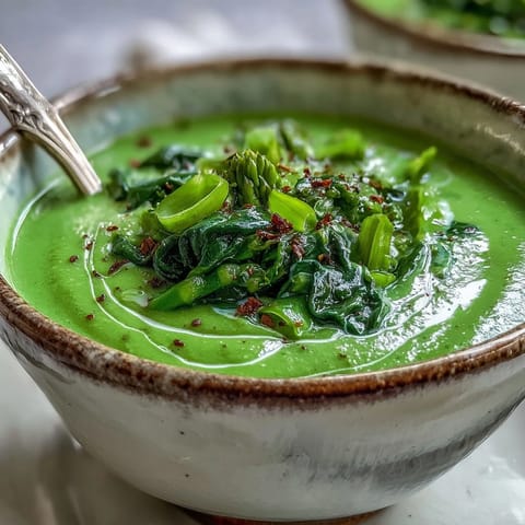 Vibrant bowl of Big Green Immunity-Boosting Vegetable Soup topped with olive oil and cashew cream.