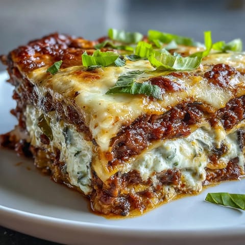 Layers of no-boil lasagne sheets, smoky lentil bolognese, and melted ricotta and mozzarella cheese.