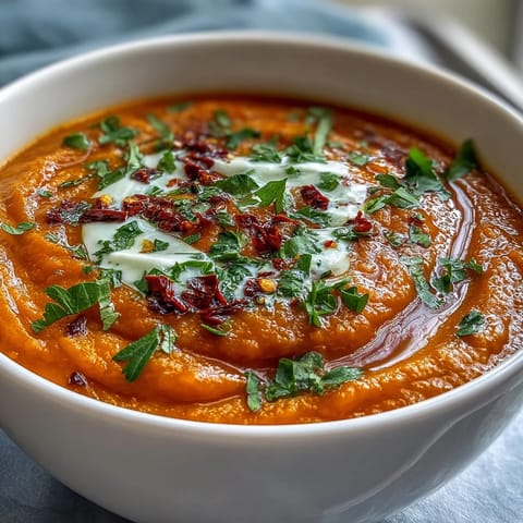 Smooth and creamy Carrot, Celeriac and Chilli Soup served in a rustic bowl, topped with fresh cilantro and a coconut yogurt swirl.