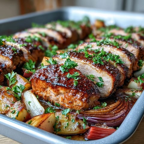 Oven-roasted slices of succulent Pork and Aromatic Rhubarb Traybake with caramelized red onions, ready to serve.