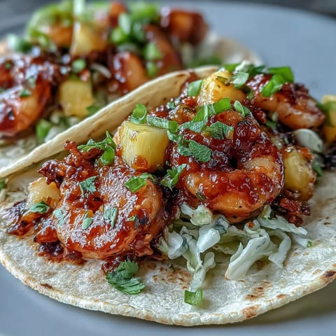 Warm corn tortillas hold spicy sriracha shrimp and vibrant mango salsa for a fresh meal.