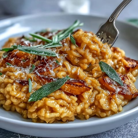 Golden roasted pumpkin and fresh sage garnish this rich Vegan Pumpkin Risotto, ready to enjoy with a glass of white wine.