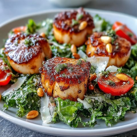 Plump, golden-brown scallops sit atop a crisp escarole salad with cherry tomatoes and shaved Parmesan.