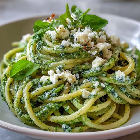 Savory Linguine with Arugula Pesto in a white bowl, garnished with lemon wedges and pepper.