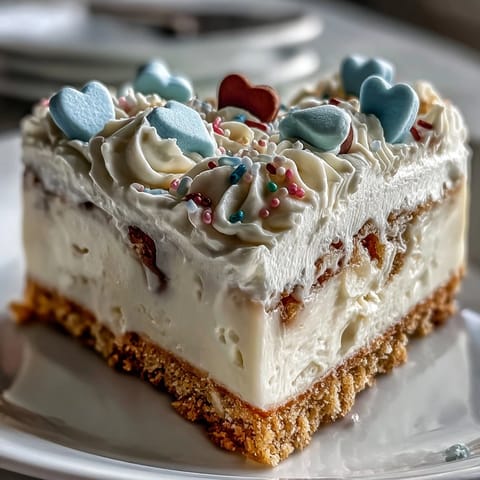 Candy Hearts Fake Cake slice reveals silky cheesecake filling on buttery crust with crunchy conversation hearts.