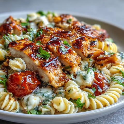 A close-up of Bruschetta Chicken Pasta in a skillet, garnished with Parmesan and fresh herbs, ready to serve.