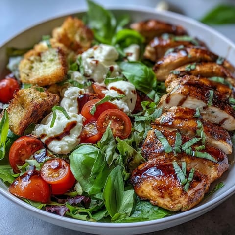 Fresh tomatoes and basil garnish this Caprese Chicken Bowl, showcasing juicy chicken, creamy mozzarella, and glossy balsamic.