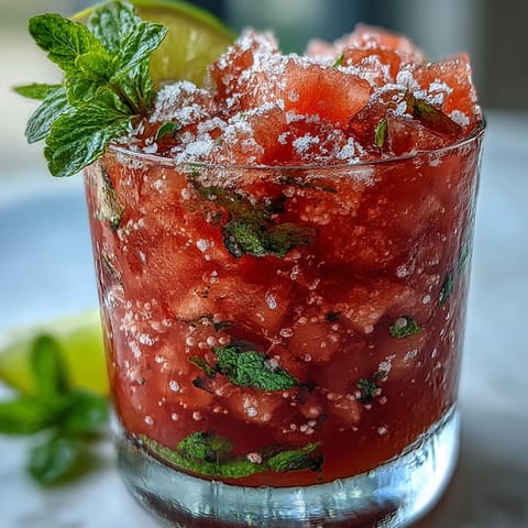 A glass of guava mojito with crushed ice, mint leaves, and a lime wheel garnish on a tropical table.