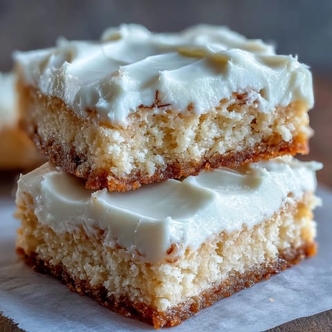 Golden-baked Almond Flour Sugar Cookie Bars topped with smooth frosting, cut into squares on a white plate.