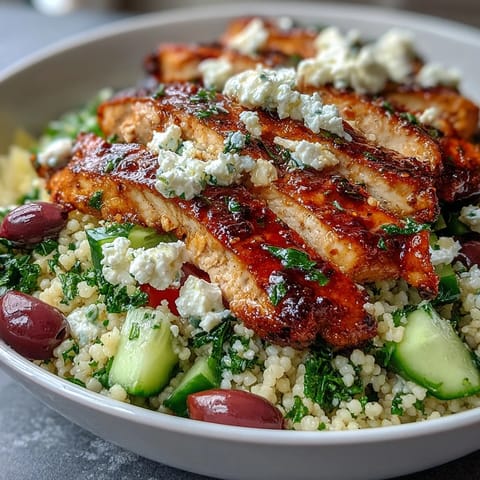 Savory Mediterranean Pearl Couscous Chicken Bowls serve warm, herby chicken atop fluffy couscous with crisp vegetables and a zesty red wine vinaigrette.