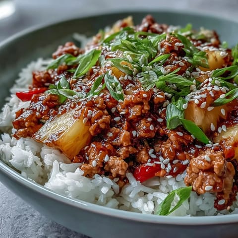 A close-up view of a skillet Sweet-and-Sour Turkey Rice with fluffy grains, topped with scallions and sesame seeds.