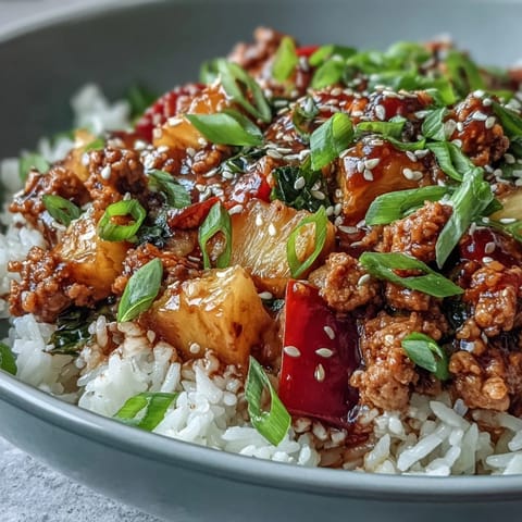 Stir-fried Sweet-and-Sour Turkey Rice Skillet served in a skillet, garnished with green onions and sesame seeds for dinner.