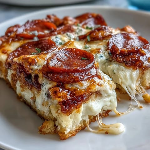 Freshly baked High-Protein Pizza Breakfast Casserole with golden melted mozzarella and turkey pepperoni on a spatula, served hot.