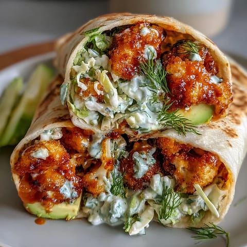 Golden-baked vegan buffalo cauliflower florets tossed in tangy sauce, layered with creamy ranch slaw and avocado slices in warm flour tortillas for a colorful wrap.