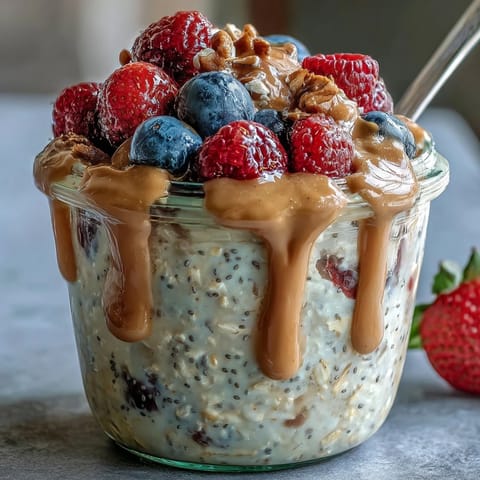 Creamy rolled oats with chia seeds in a jar, layered with fresh mixed berries and a drizzled almond butter swirl for a hearty breakfast.