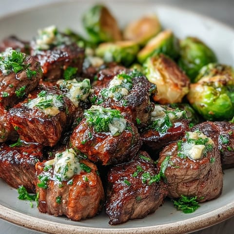 Sizzling steak bites tossed in bright lemon garlic butter beside crispy-edged roasted Brussels sprouts on a plate.