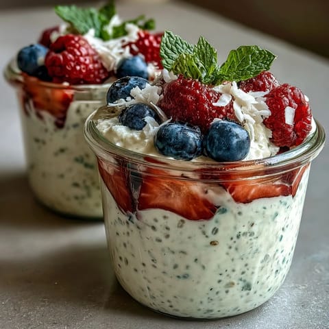 Creamy chia pudding layered with fresh summer berries, a healthy vegan breakfast ready for meal prep.  