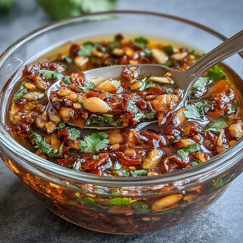 Spicy garlic chili oil dipping sauce with golden crispy garlic and vibrant red chili flakes in a glossy, fragrant oil.  