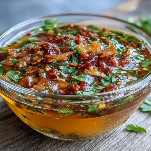 Homemade garlic chili oil sauce served in a small bowl, perfect for dumplings, noodles, or fresh bread dipping.  
