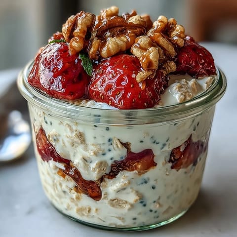 Overnight oats with strawberries and candied walnuts in a glass jar, layered with creamy oats, fresh berries, and crunchy maple-glazed nuts.