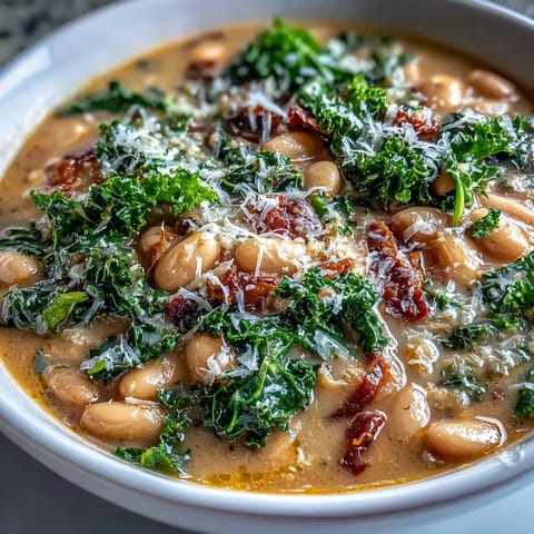 Hearty Tuscan white bean soup with kale and Parmesan, served steaming in a rustic bowl with crusty bread.  