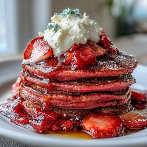 Golden pink pancakes served with warm strawberry compote, perfect for a Galentine's brunch celebration.  