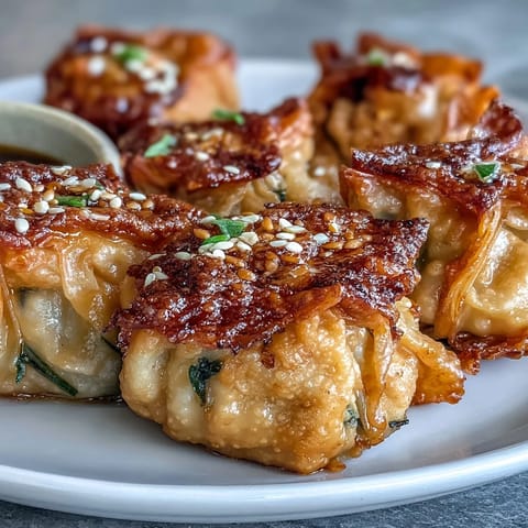 Crispy pan-fried chicken and veggie rice paper dumpling bites with golden, crunchy exterior and juicy, savory filling.  