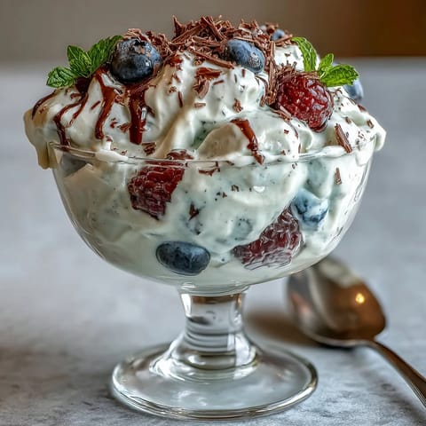 Fluffy Yogurt Berry Sundaes with Dark Chocolate Shavings in clear glass cups, layered with creamy yogurt, fresh mixed berries, and rich dark chocolate shavings.
