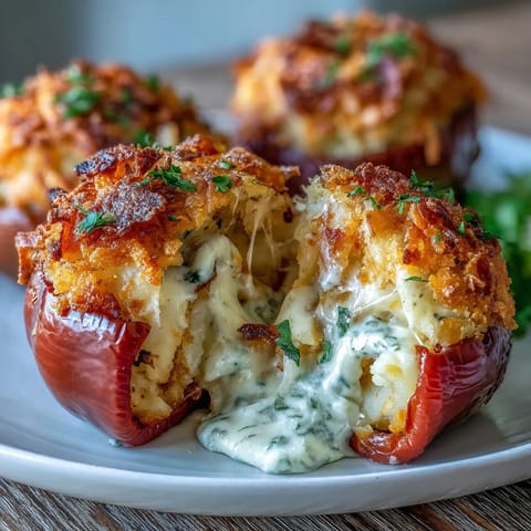 Creamy funeral potatoes filling baked inside sweet bell peppers, garnished with fresh chives and golden cornflake topping.