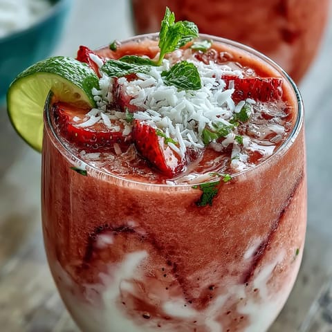A vibrant strawberry coconut daiquiri smoothie with fresh strawberries, creamy coconut milk, and a lime wedge garnish.  