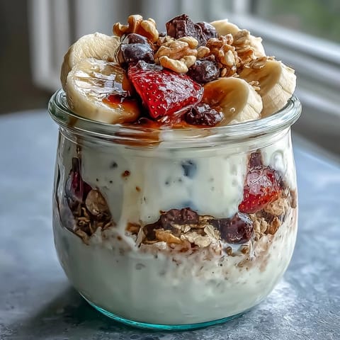 Fluffy Yogurt Banana Split Breakfast Jar with fresh berries and granola in a clear glass jar.
