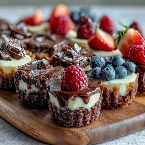 Housewarming Dessert Bar with Mini Treats arranged on a tiered stand, showcasing brownie bites, cheesecake cups, and fruit tartlets with fresh berries.  