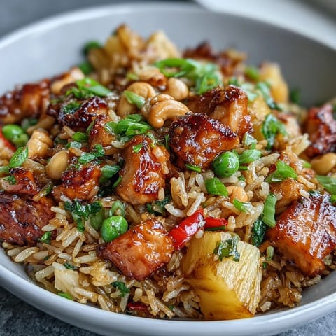 Tropical Hawaiian pineapple chicken fried rice served in a pineapple bowl, garnished with green onions and roasted cashews.  
