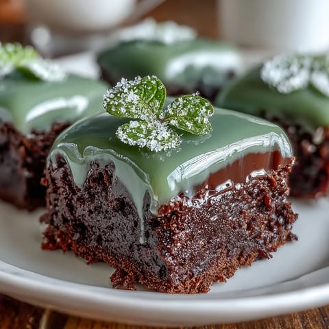 Shamrock-shaped brownies with rich chocolate flavor and bright green icing, decorated for St. Patrick's Day festivities.