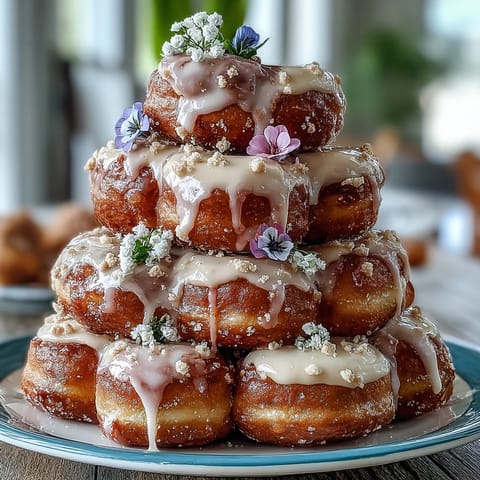 Charming mini donut tower adorned with edible flowers, perfect for baby showers or spring celebrations.