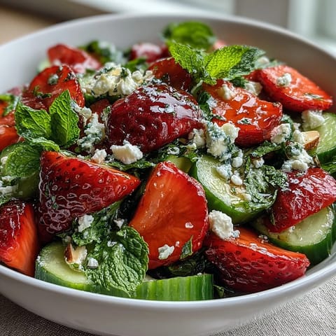 A vibrant bowl of cucumber and strawberry salad with fresh mint, drizzled with lemon-honey dressing for a bright, refreshing taste.