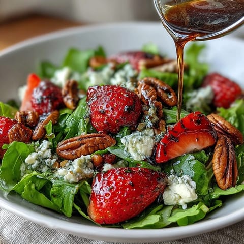 Spring Dinner Party Strawberry Arugula Salad with Balsamic Glaze, showcasing vibrant strawberries, peppery arugula, creamy goat cheese, and toasted nuts.