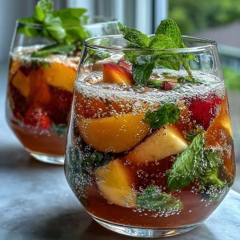 A vibrant pitcher of Mango Peach Sangria brimming with fresh mango chunks and peach slices, served over ice with mint garnish.