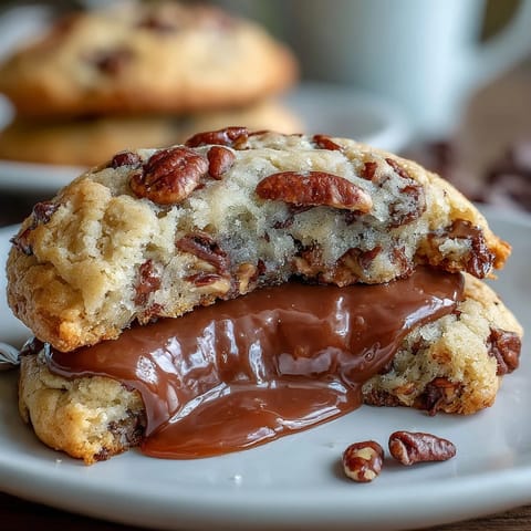 Golden-baked butter pecan cookies drizzled with caramel and studded with crunchy toasted pecans.  