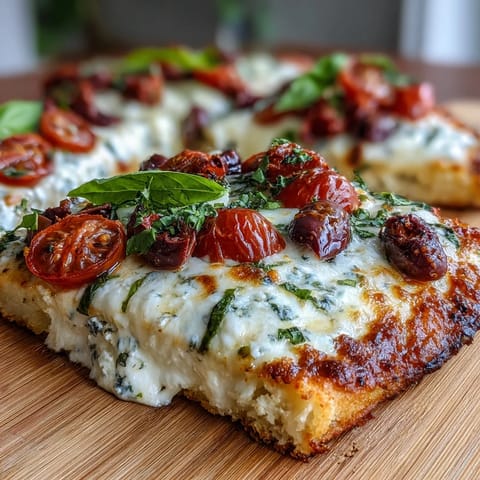 High-protein cottage cheese flatbread pizza with melty mozzarella and fresh basil on a golden oat crust.  