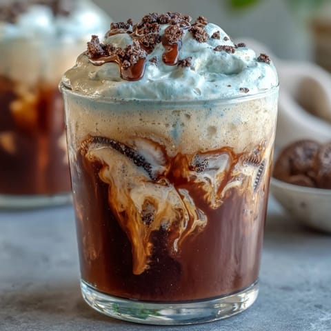 A glass of creamy cookies-and-cream cold brew coffee with crushed Oreos and whipped cream on top.
