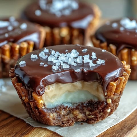Peanut butter eggs with pretzel crust in chocolate cups, topped with sprinkles, perfect for Easter dessert.  