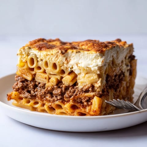 Indulge in Greek Pastitsio, a savory layered pasta and beef dish.