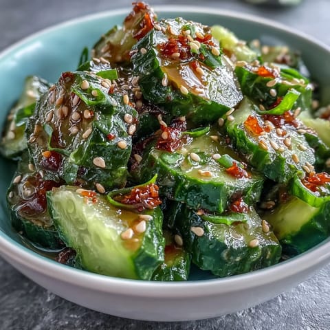 Crispy smashed cucumbers tossed in tangy rice vinegar, chili oil, and sesame dressing