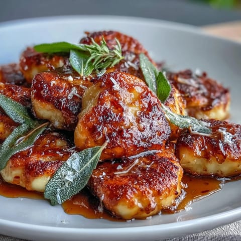 Golden brown butter gnocchi with crispy sage leaves, a rich and aromatic Italian vegetarian dish perfect for dinner.