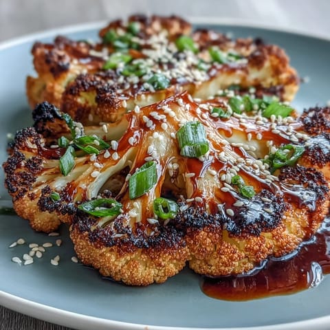 Thick, golden-brown cauliflower steaks glazed with sweet teriyaki sauce, perfect for a vegetarian main dish.  
