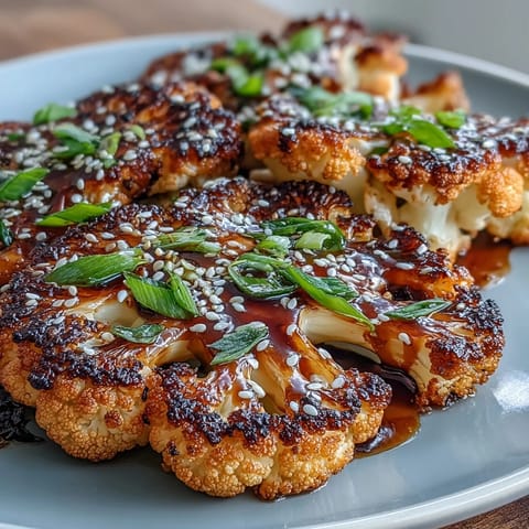 Oven-roasted teriyaki cauliflower steaks topped with sesame seeds and scallions, offering a savory Asian-inspired flavor.  