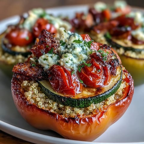 Quinoa Stuffed Bell Peppers filled with roasted vegetables and goat cheese, baked until tender and golden, perfect for a healthy vegetarian dinner.