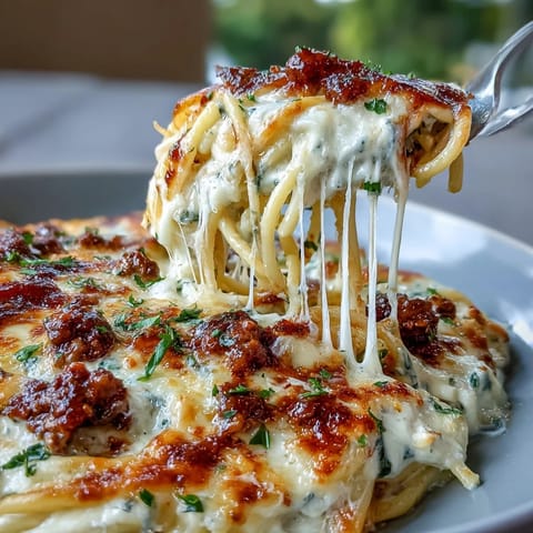 Million Dollar Spaghetti in a baking dish, golden mozzarella bubbling over rich layers of pasta, meat sauce, and creamy cheese filling.